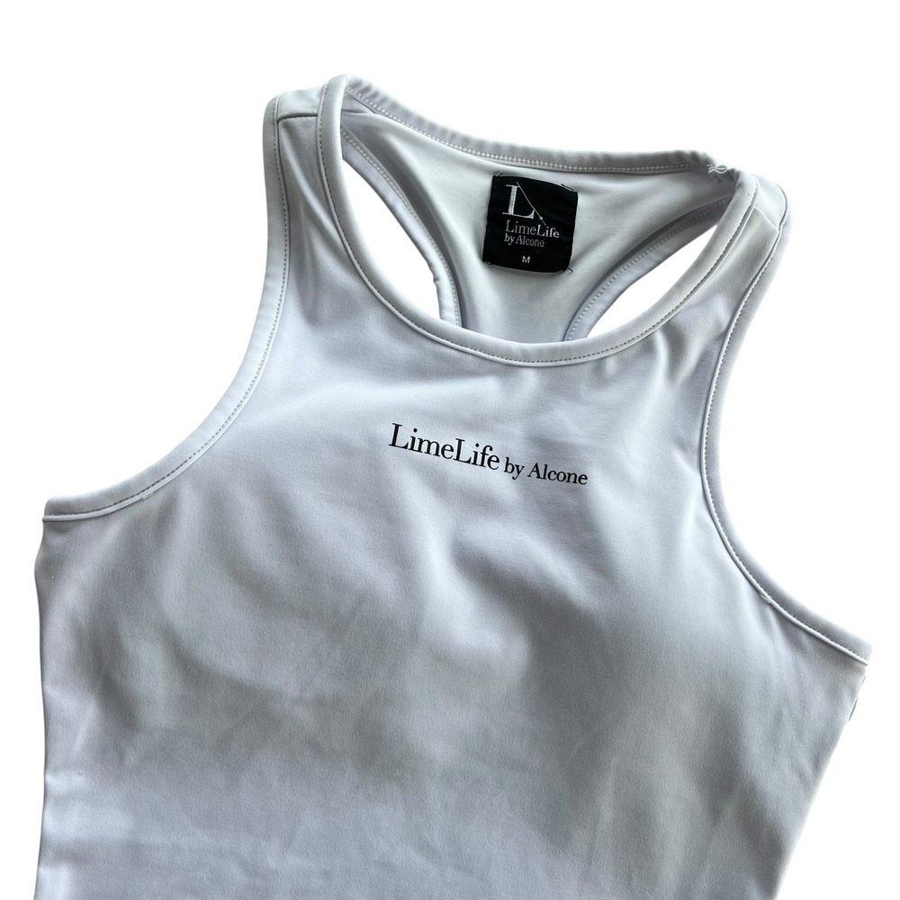 LimeLife by Alcone Women's M White Black Logo Racerback Tank Top Athletic Active